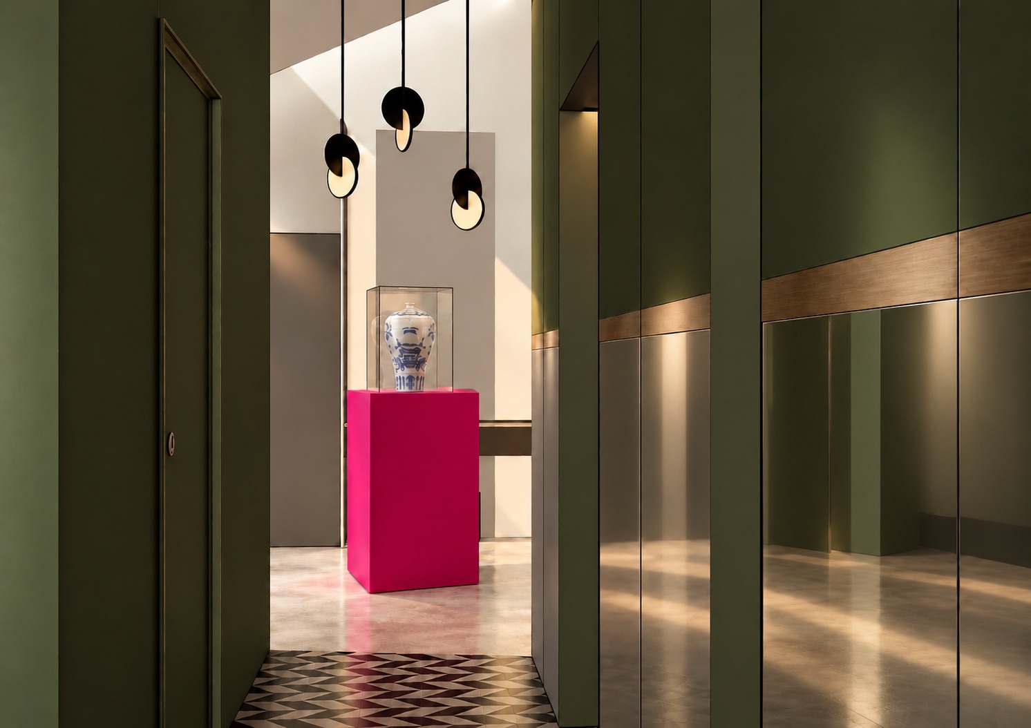 Olive-green corridor with black pendants and a pink pedestal