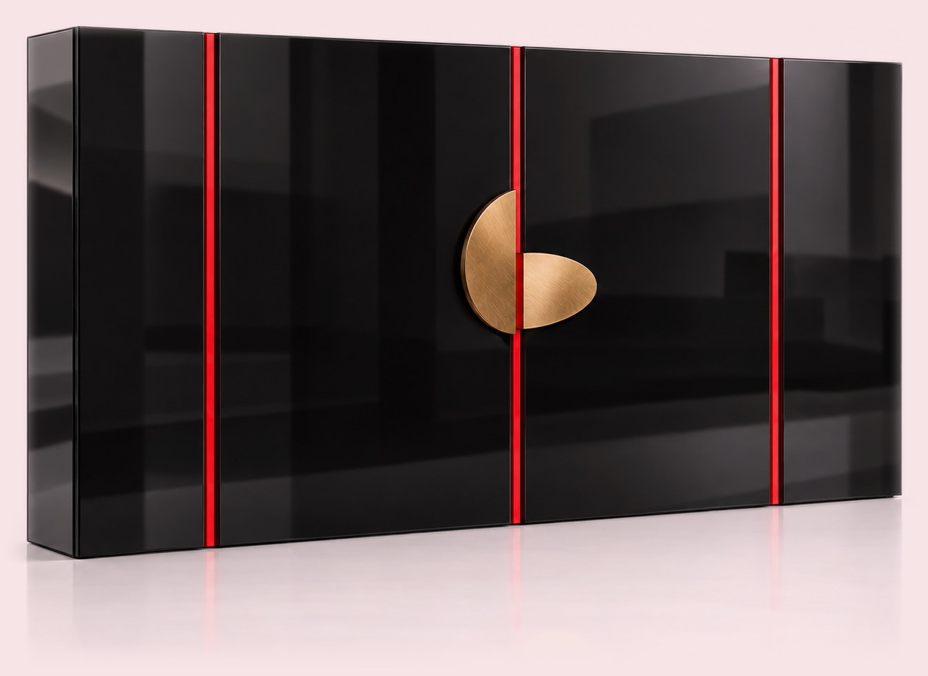 Glossy black wall cabinet with red vertical divisions and a sculpted brass handle