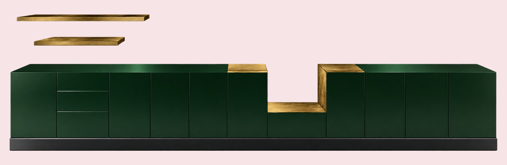 Long dark-green lacquered cabinet with a stepped brass opening and floating brass shelves