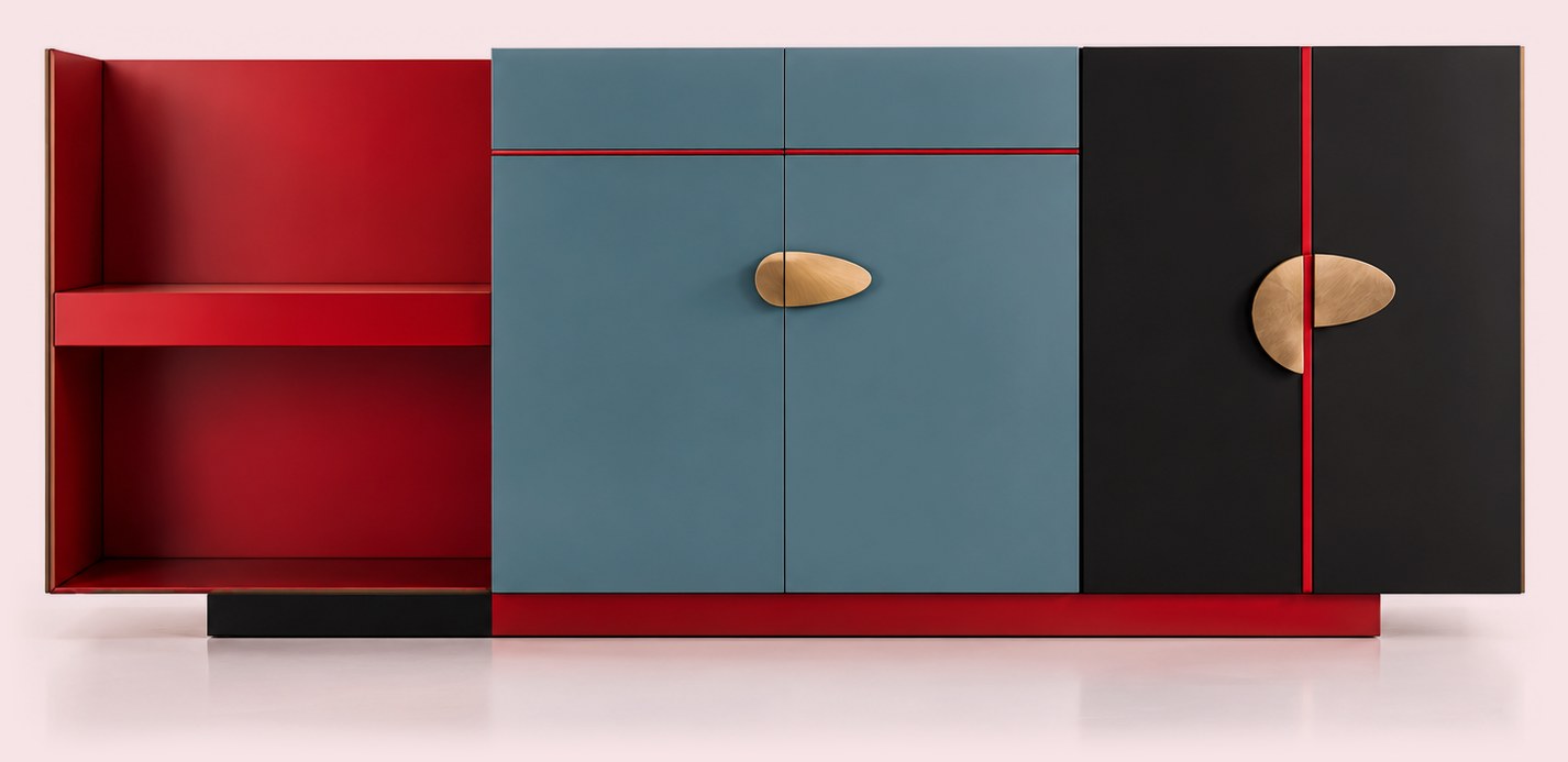 Cabinet in red, blue-grey and black lacquer with divided sculpted brass handles