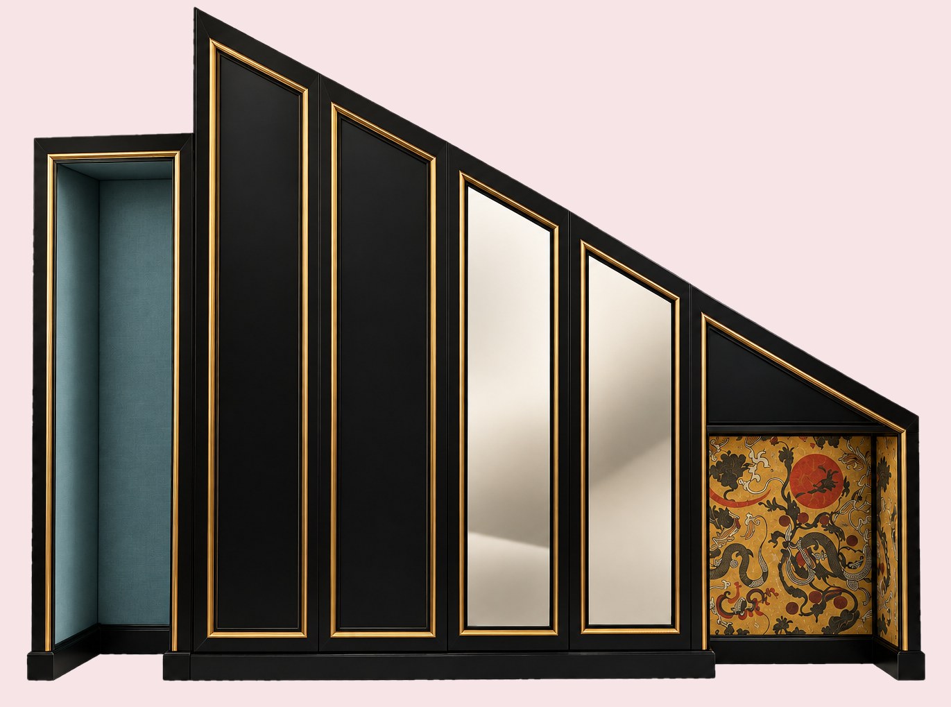 Black asymmetric under-stair joinery with brass trims, mirrored panels, a blue niche and a painted panel