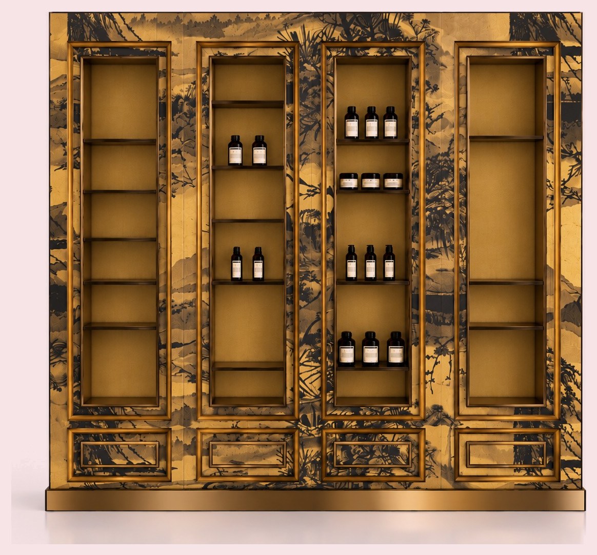 Atelier 8 gilded cabinet with painted landscape panels, brass-framed open shelving and drawers