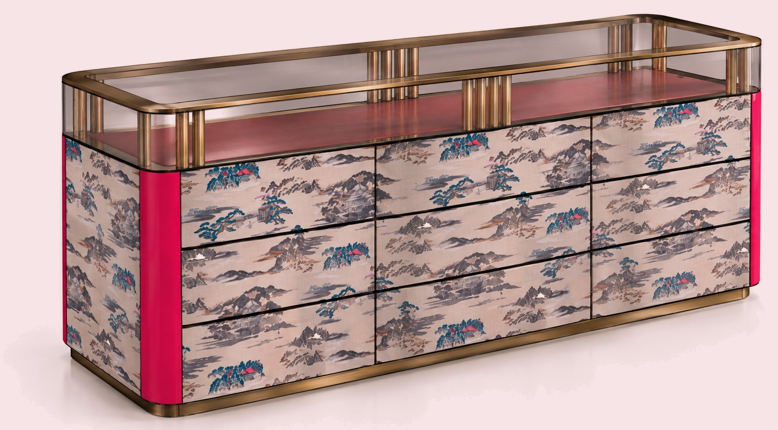 Atelier 8 console with patterned drawer fronts, fuchsia lacquered sides, brass frame and glass top