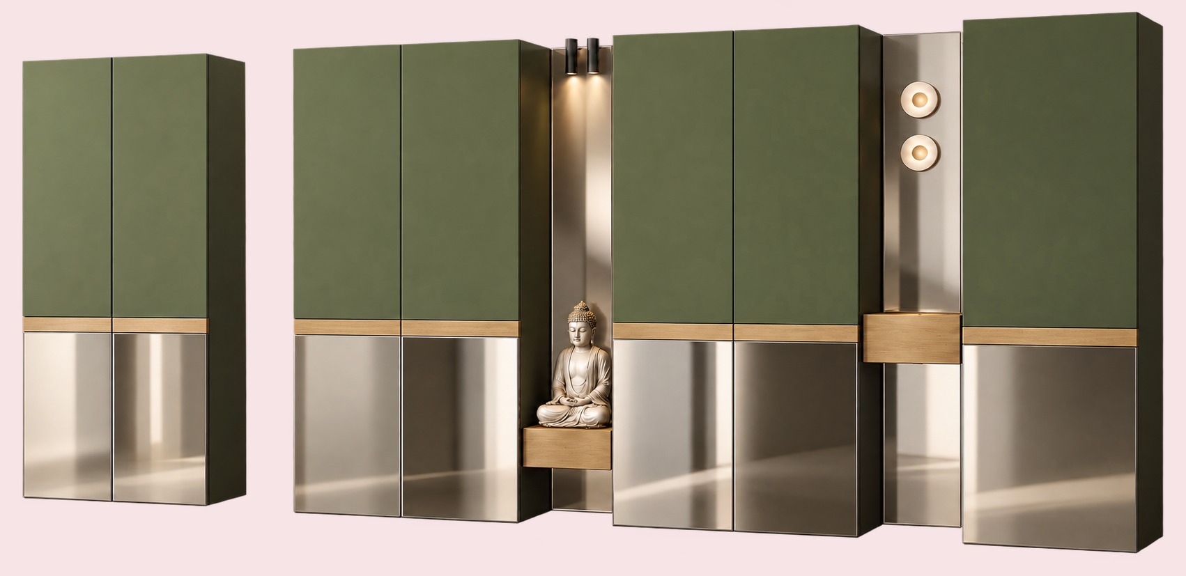 Olive cabinet wall with mirrored lower doors, oak bands and a lit niche with a seated figure