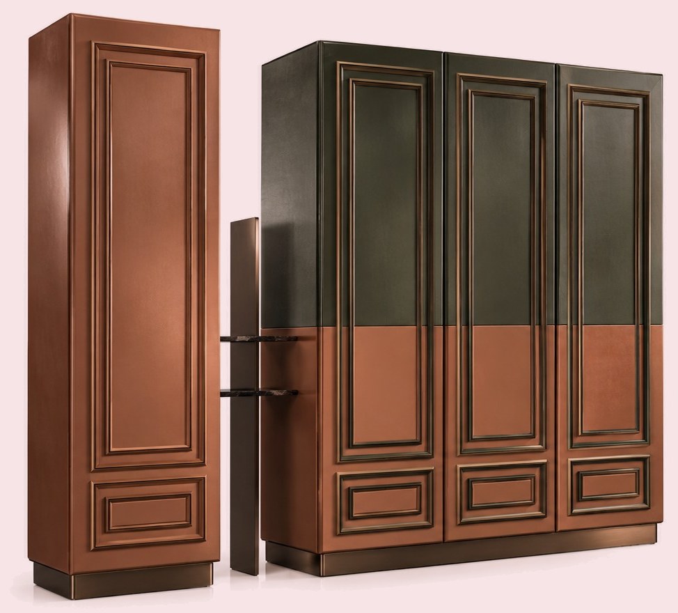 Atelier 8 wardrobe in two tones, panelled doors and a slim mirrored side column