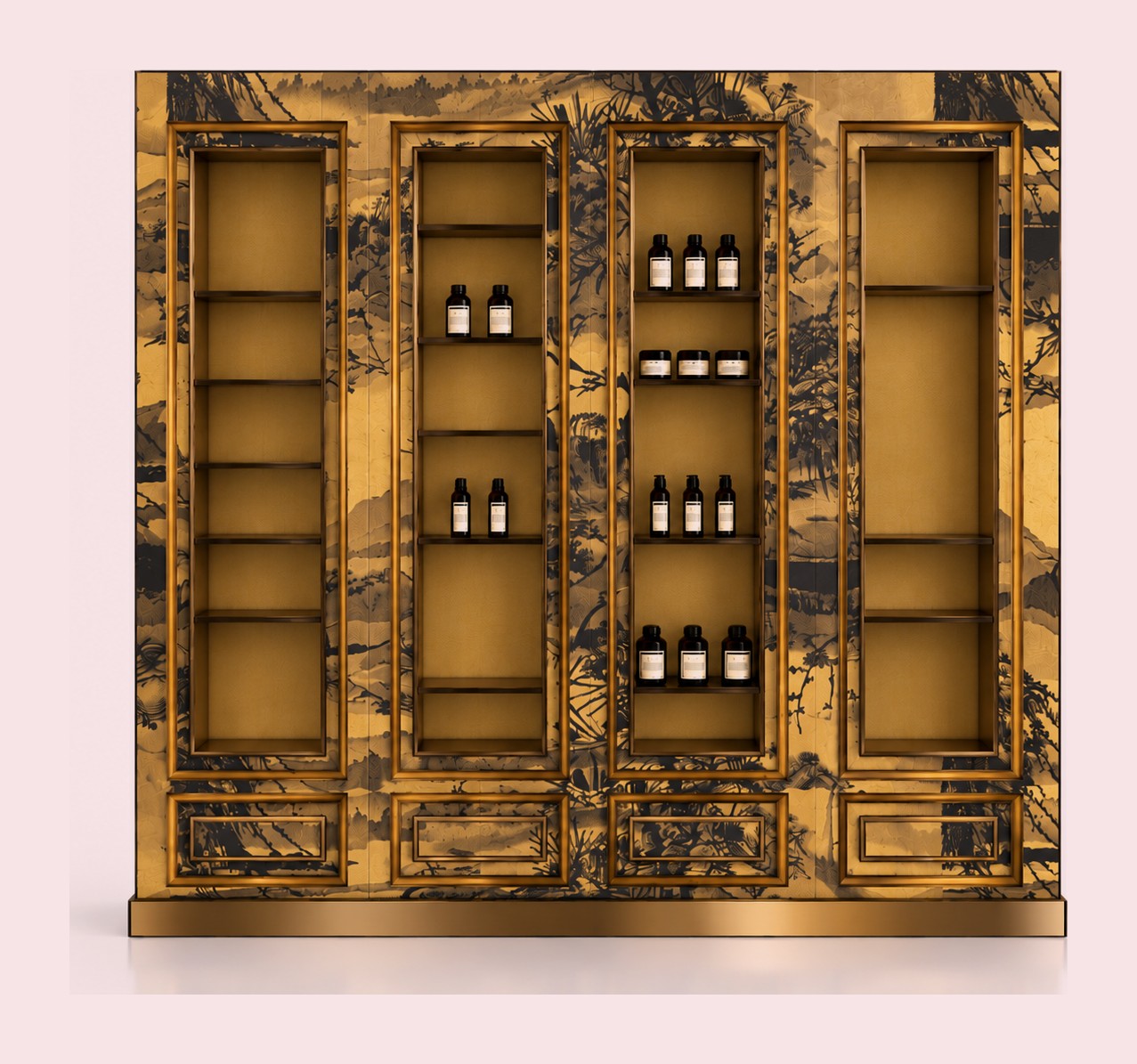 Atelier 8 gilded cabinet with painted landscape panels, brass-framed open shelving and drawers